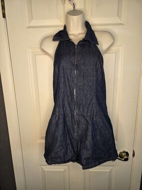 Blushmark Dark Blue Denim Halter Romper with Front Zip